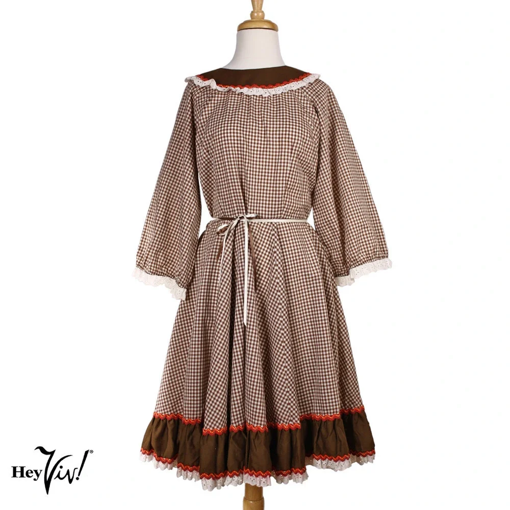 Vintage Malco Modes Prairie Dress Brown White Check Ric Rac Eyelet Trim Size 14 - Picture 1 of 9